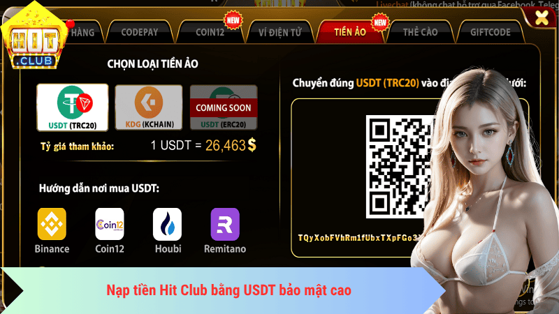 Nạp tiền Hit Club bằng USDT bảo mật cao