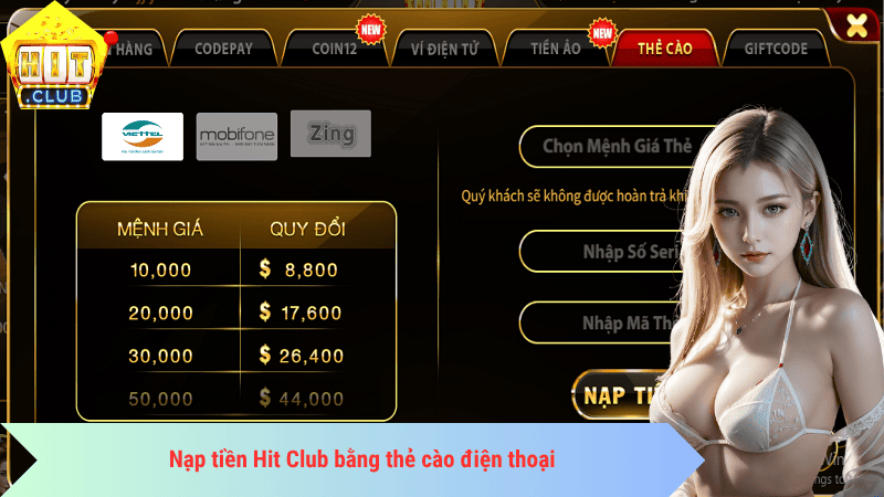Nạp tiền Hit Club bằng thẻ cào điện thoại